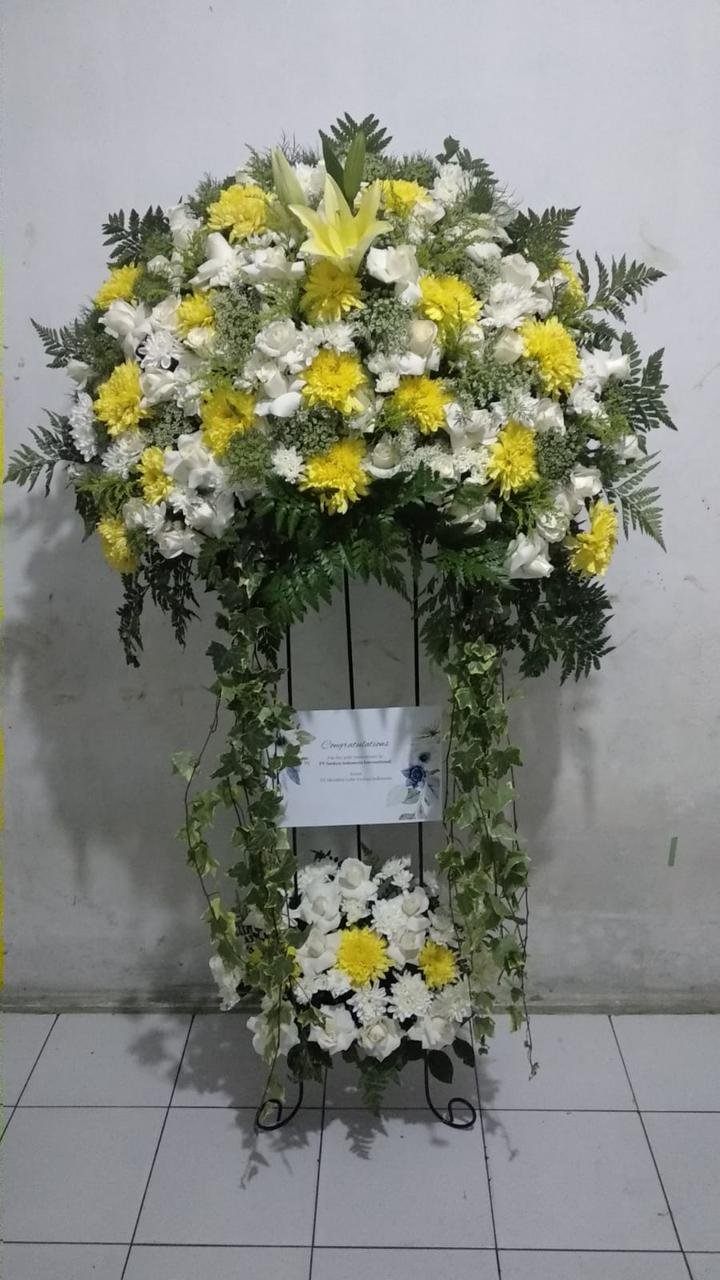 Standing flower duka cita 3 pcs simetris mawar putih dan lily untuk dekorasi rumah duka premium